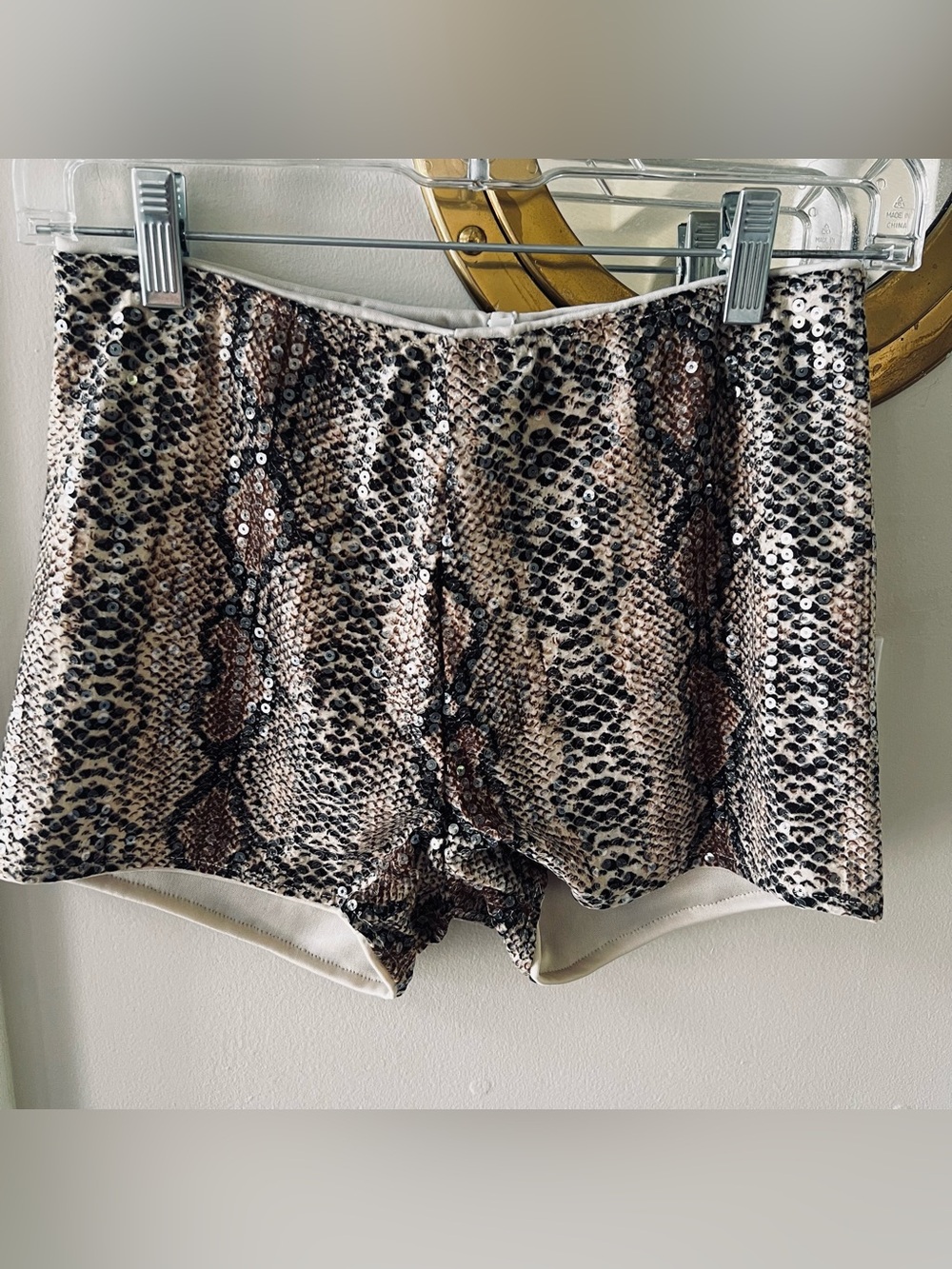 Sequin Snake-Print Mini Shorts in Neutral Tones